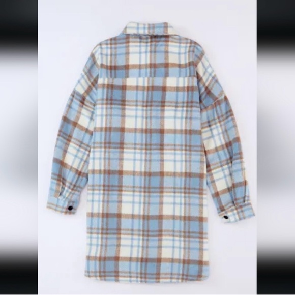 Sky Blue & Beige Long Plaid Shacket NWT - Picture 4 of 14